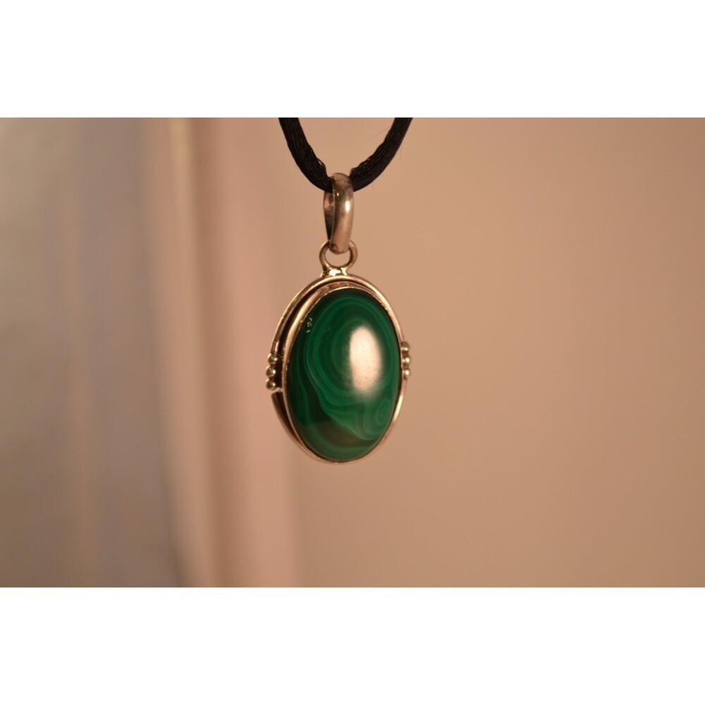 Malachite Pendant set in Sterling Silver on Black Cord